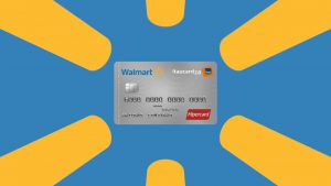 No fundo da imagem o logotipo da empresa Walmart e ao centro uma imagem do cartão de crédito Walmart Itaucard 2.0 da bandeira Hipercard.