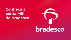 Logotipo do Banco Bradesco em um fundo vermelho e, ao lado esquerdo da imagem, a escrita