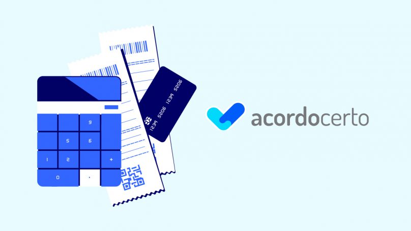 Na imagem está o logotipo do AcordoCerto e vetores de cartão de crédito, boletos de contas e uma calculadora.