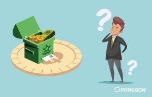 Ilustração de um homem com dúvidas, olhando para um baú com notas e moedas, representando o Tesouro Direto e seus riscos.
