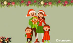 Imagem natalina com fundo verde e uma família composta por pai e mãe de touca natalina, filho menino, filha menina e filho menino bebê.