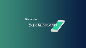Fundo em degrade verde, com os escritos Discando, Credicard e um celular em desenho ao lado.
