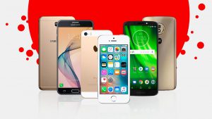 Imagem com fundo branco e circulo vermelho, com 6 tipos de celulares enfileirados, Androids e Iphones