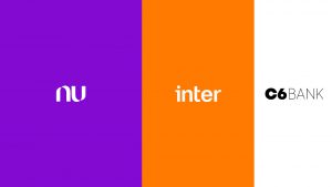 Logotipo dos três melhores bancos de 2021 segundo a Forbes: o Nubank, Inter e C6 Bank.