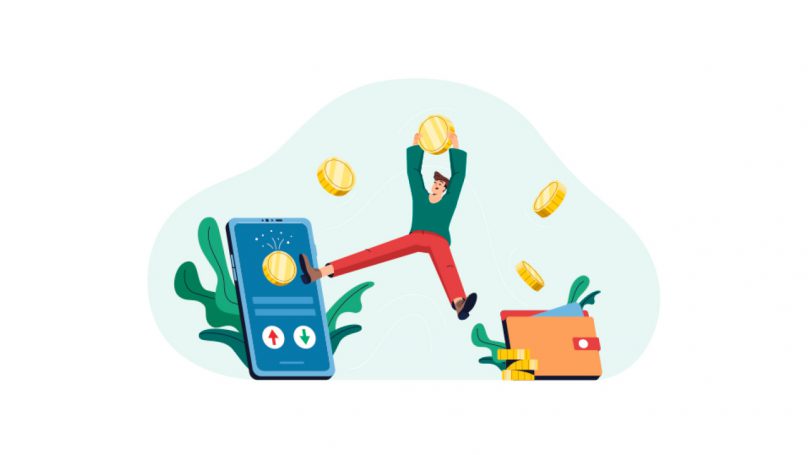 Na imagem está uma ilustração de pessoa segurando uma moeda ao lado de um celular que ilustra as melhores carteiras digitas e uma carteira física.